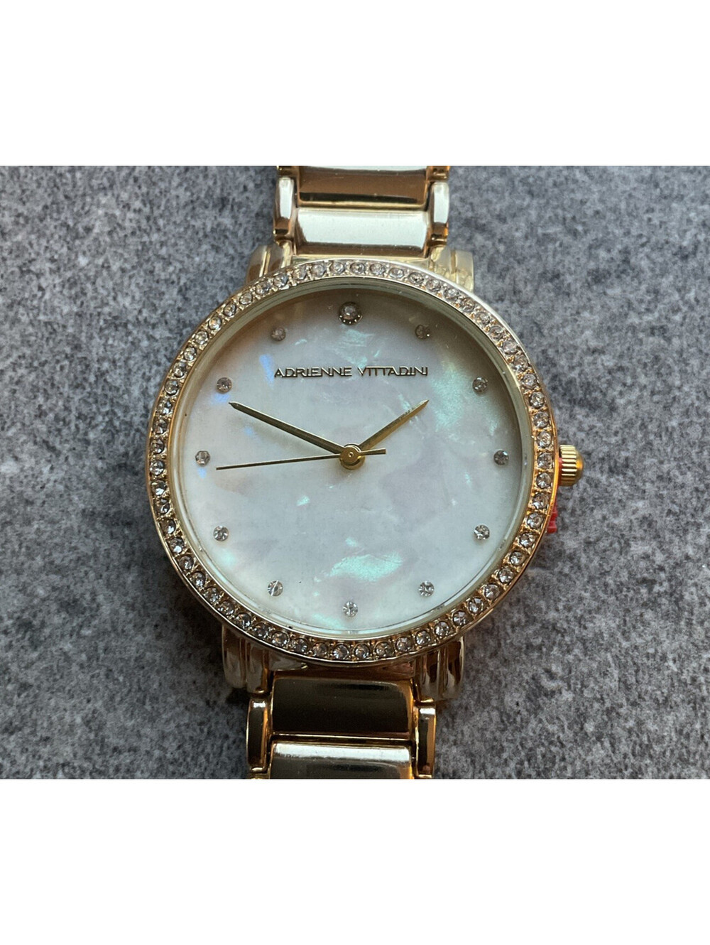 Adrienne Vittadini Womens Watch 34mm Gold Tone Case Crystal Accent Bezel D3